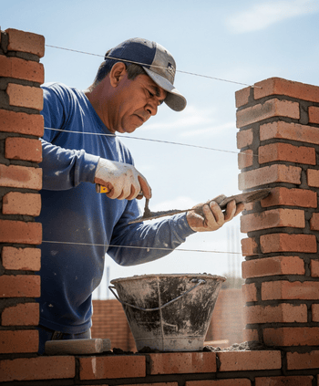 Maçon à Lille construisant un mur en parpaings sur un chantier