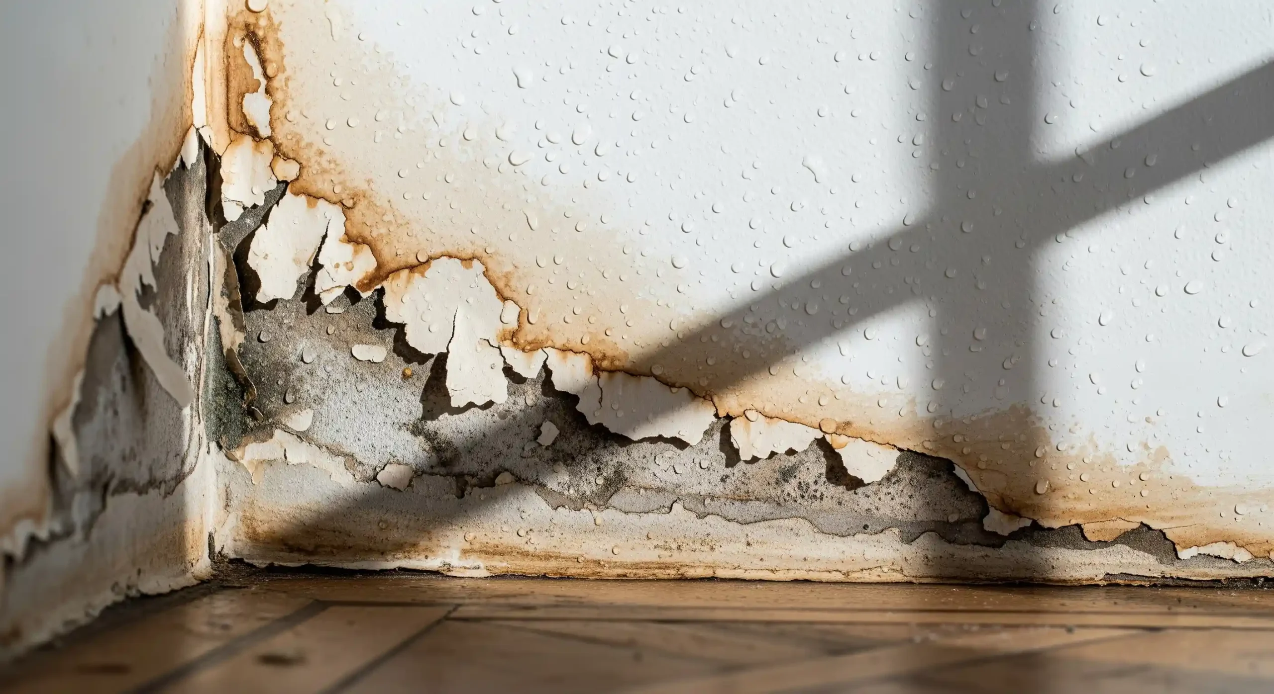 Dégâts causés par une fuite d'eau dans un mur : taches brunes d'humidité, peinture qui s'écaille et traces de moisissure sur un mur blanc dans une maison lilloise