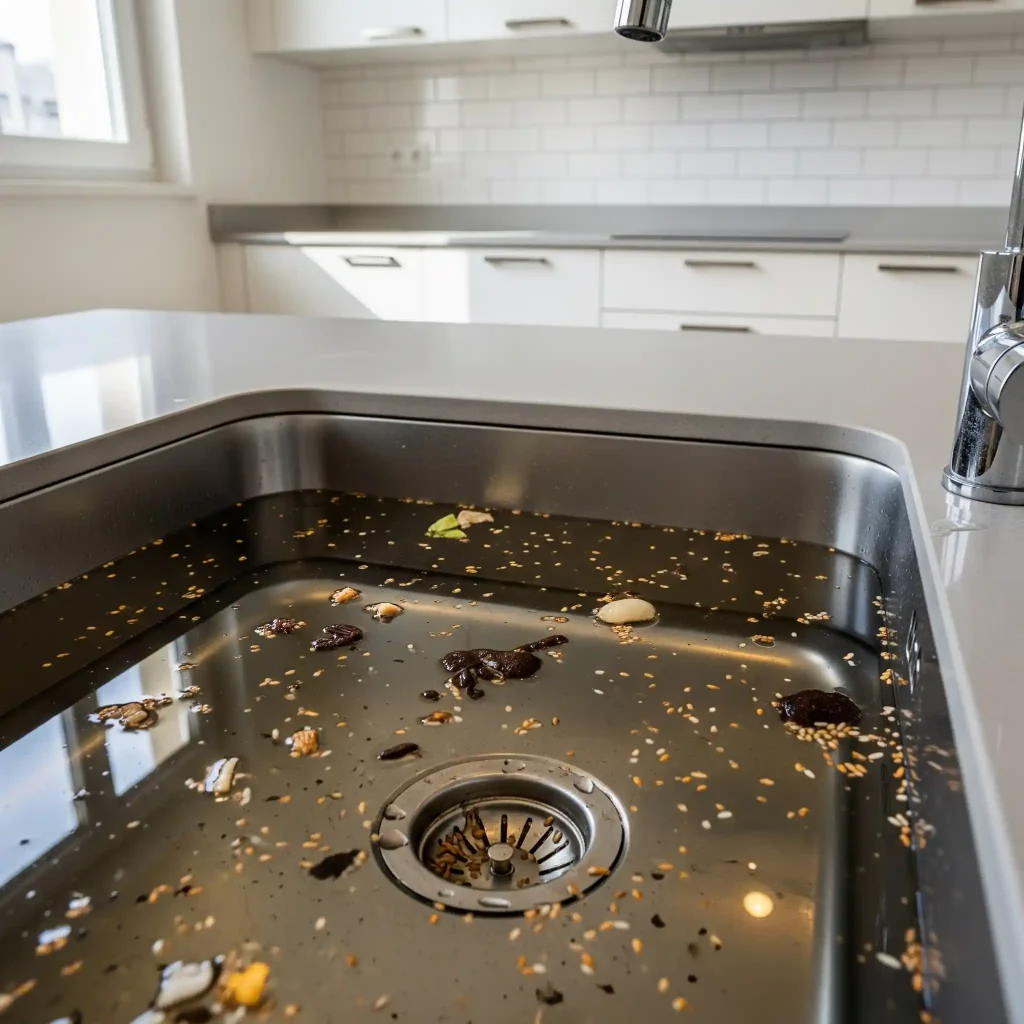 Évier bouché avec de l’eau stagnante dans une cuisine à Lille, illustrant une canalisation obstruée avant l’intervention d’un plombier.
