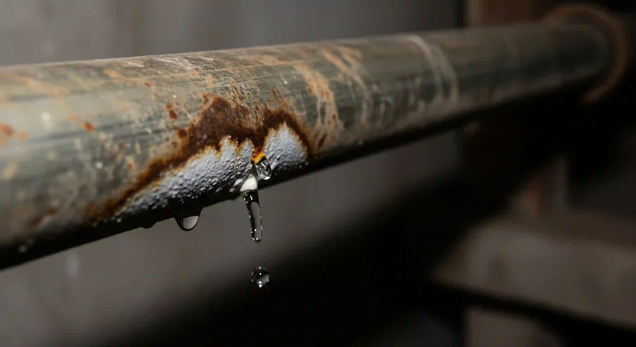 Fuite d’eau sur un vieux tuyau métallique dans une cave, nécessitant l’intervention d’un plombier à Lille