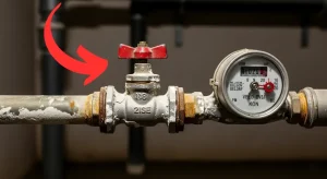 Robinet d’arrêt général d’eau avec compteur d’eau à côté, installé sur un tuyau métallique dans un sous-sol à Lille