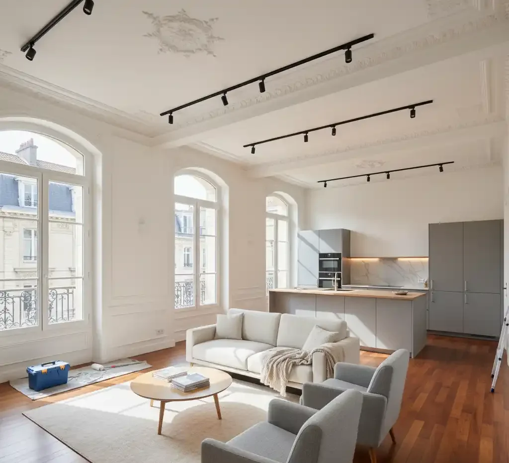 Intérieur appartement entièrement rénové à Lille avec parquet moderne, peinture fraîche et installations électriques neuves 2025